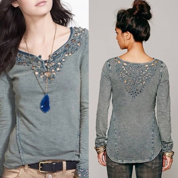 Free People Luna Long Sleeve Embroidered Eyelet Top Size L - Picture 4 of 16